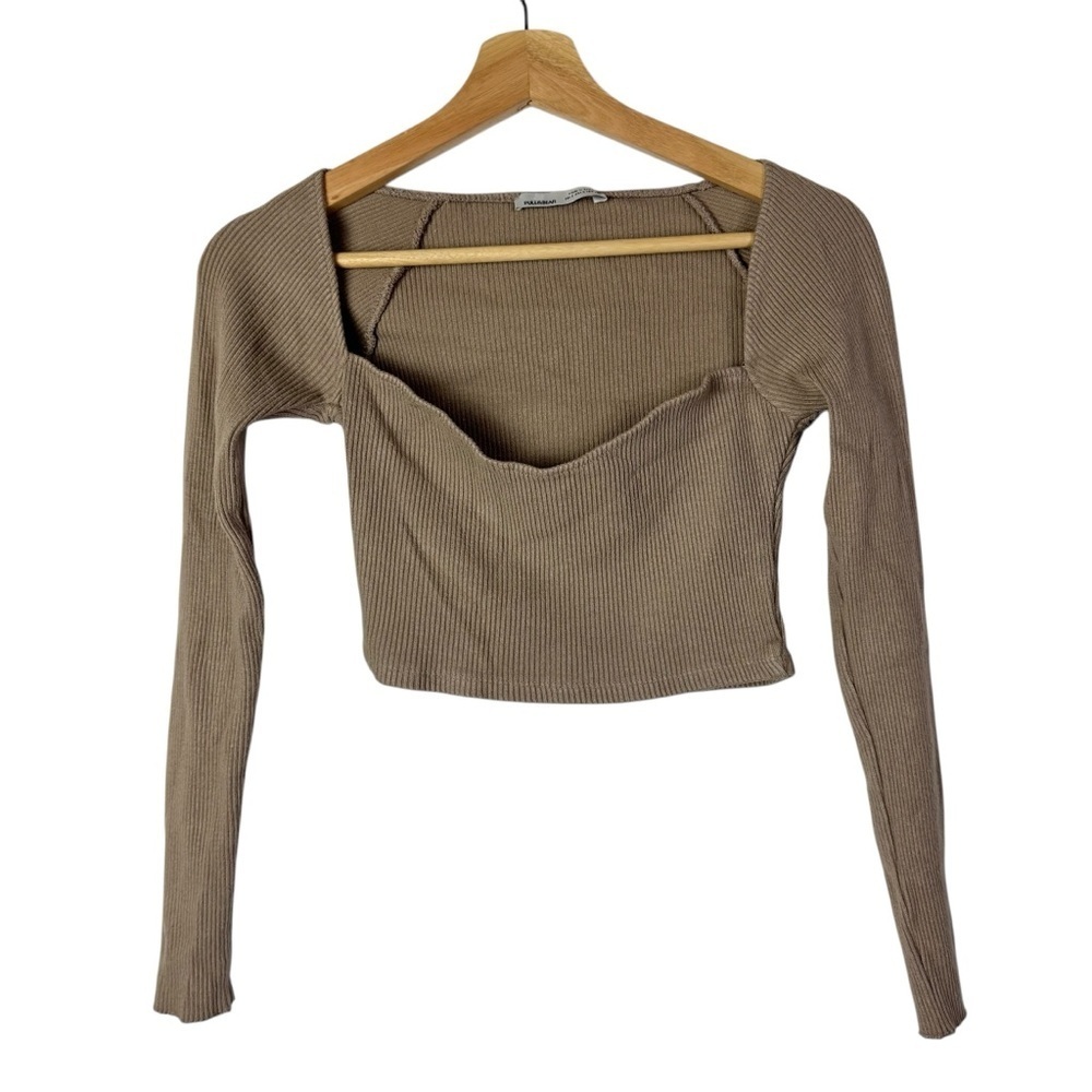 Pull & Bear Taupe Light Brown‎ Ribbed Heart Neckline Crop Long Sleeve Top S